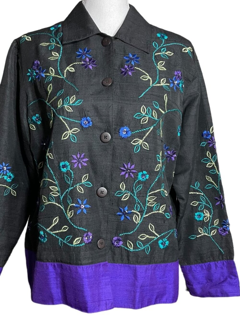Floral Embroidered Silk Jacket M Coldwater Creek Raw Plants Button-up Boxy
